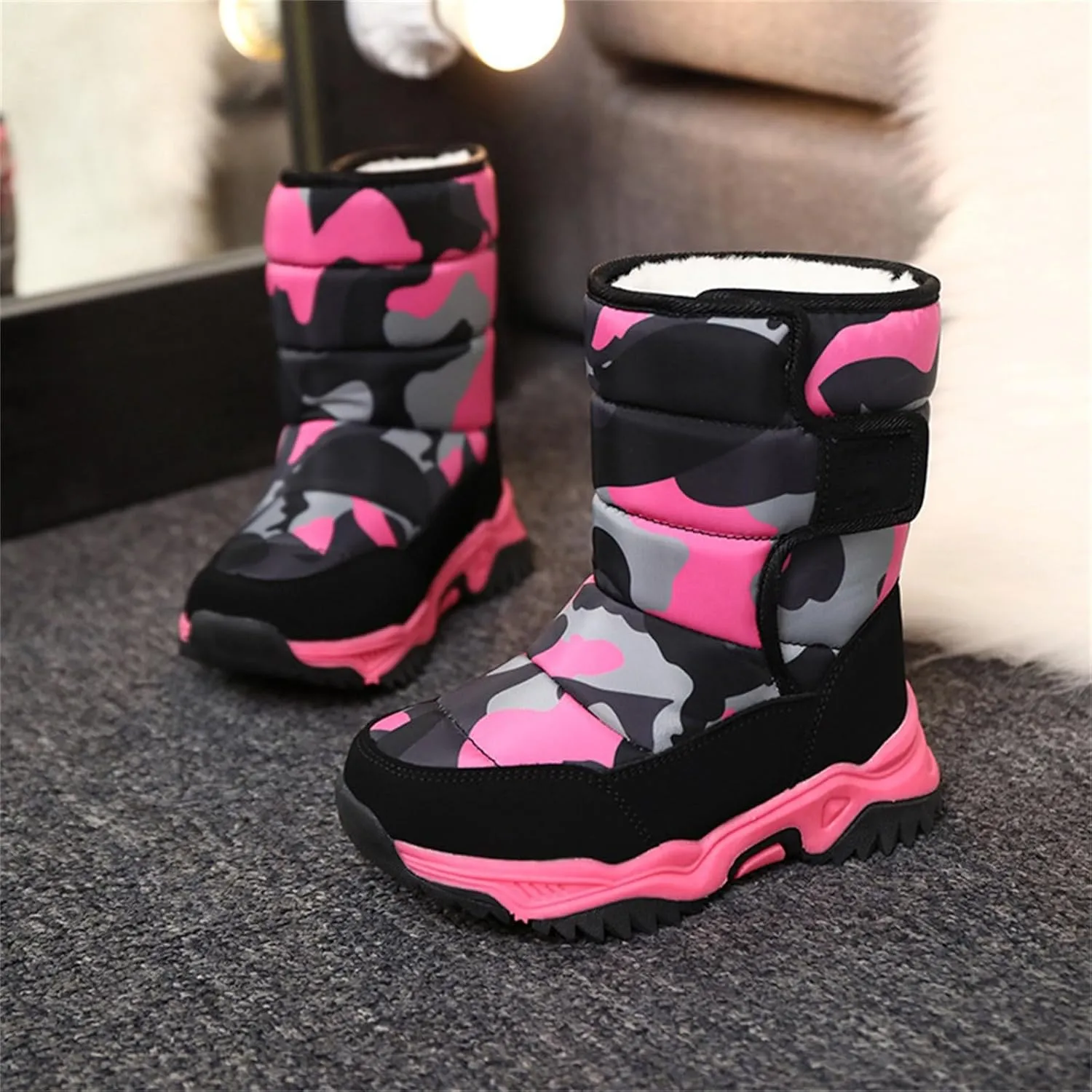 Camouflage Thickened Warm Cotton Boots for Kids Unisex Mid Calf Non Slip Faux Lined Baby Boots for Girls Size 6