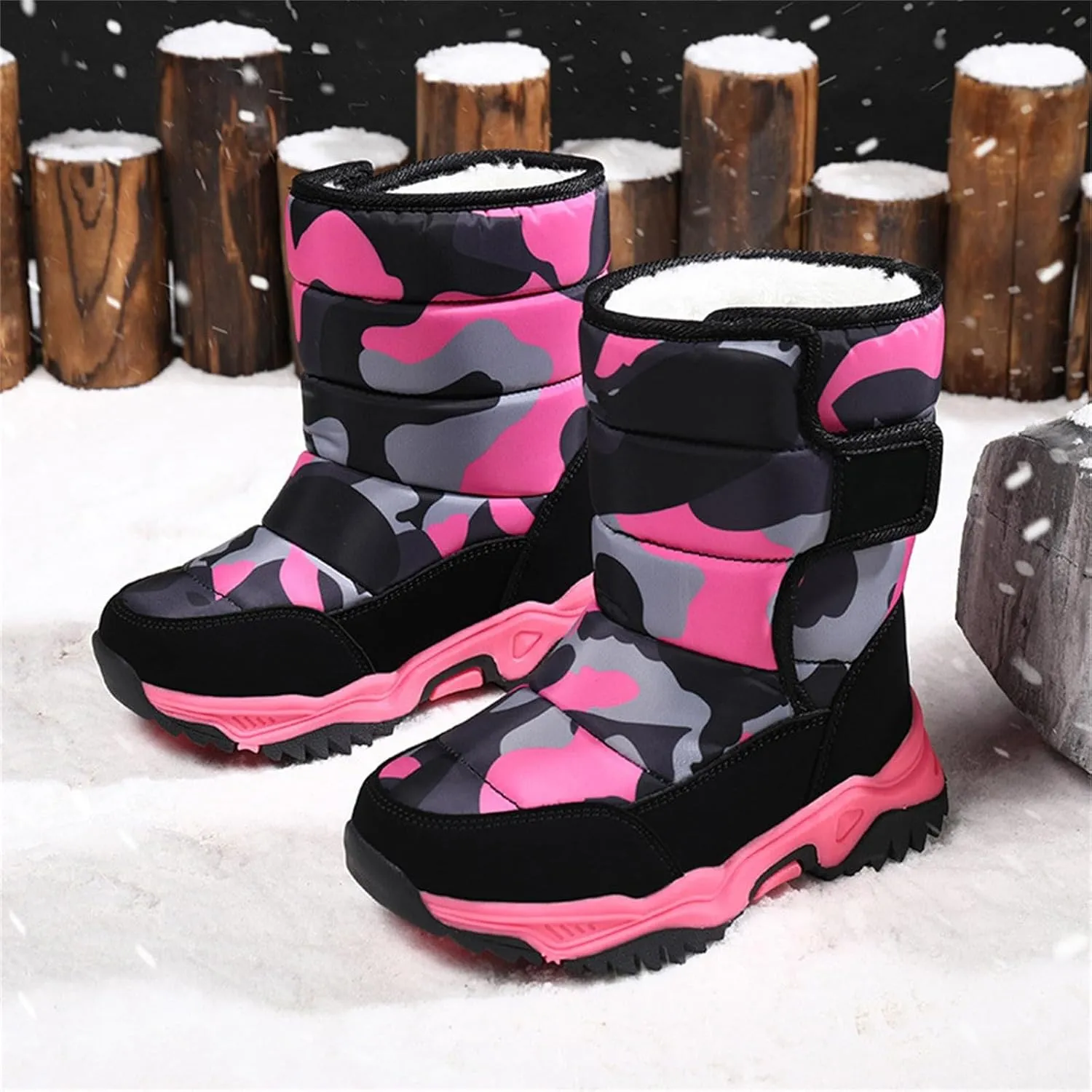 Camouflage Thickened Warm Cotton Boots for Kids Unisex Mid Calf Non Slip Faux Lined Baby Boots for Girls Size 6