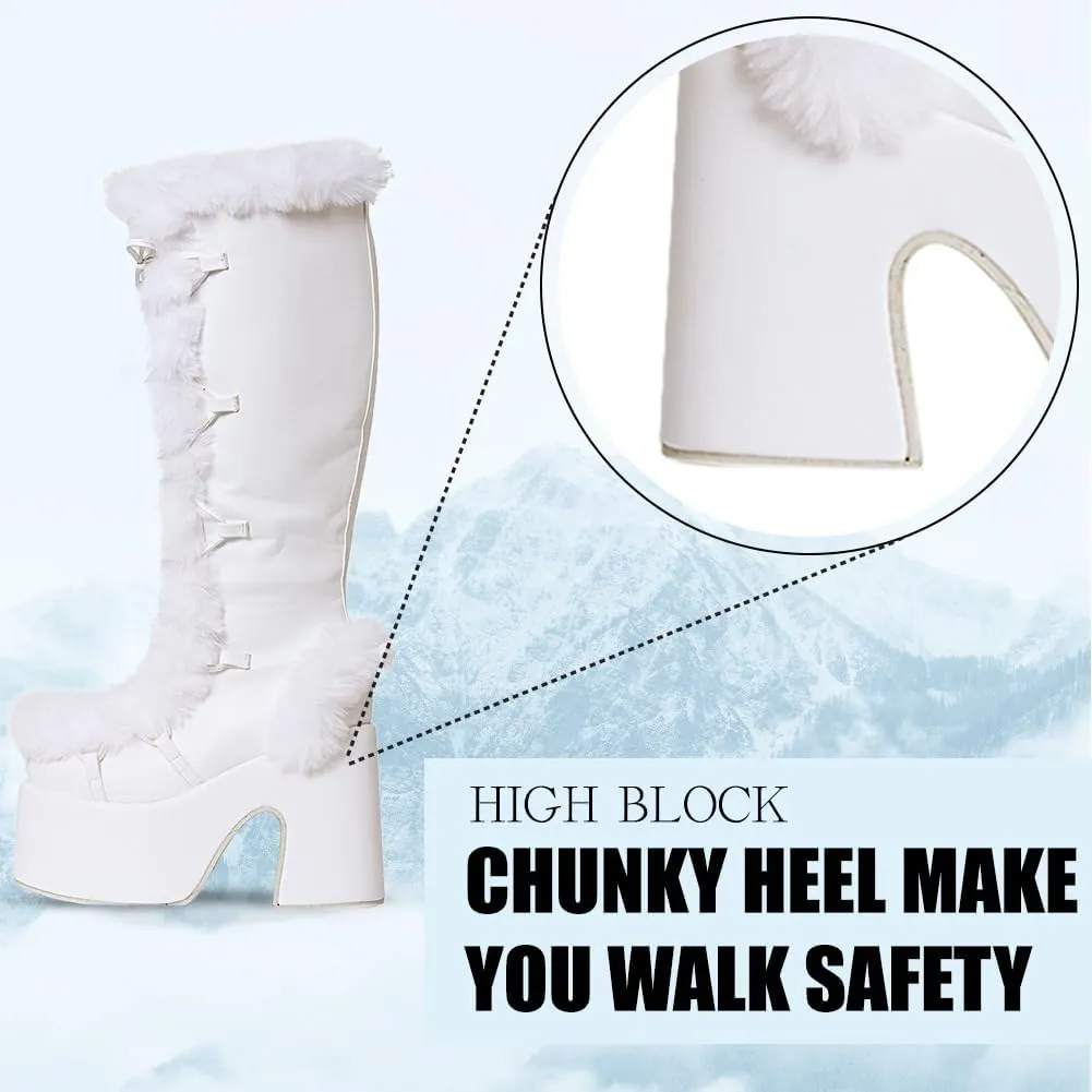 CELNEPHO Knee High Boots For Womens Side Zipper Warm Faux Fur Platform Chunky Heel Punk Goth Walking Winter Snow Boots