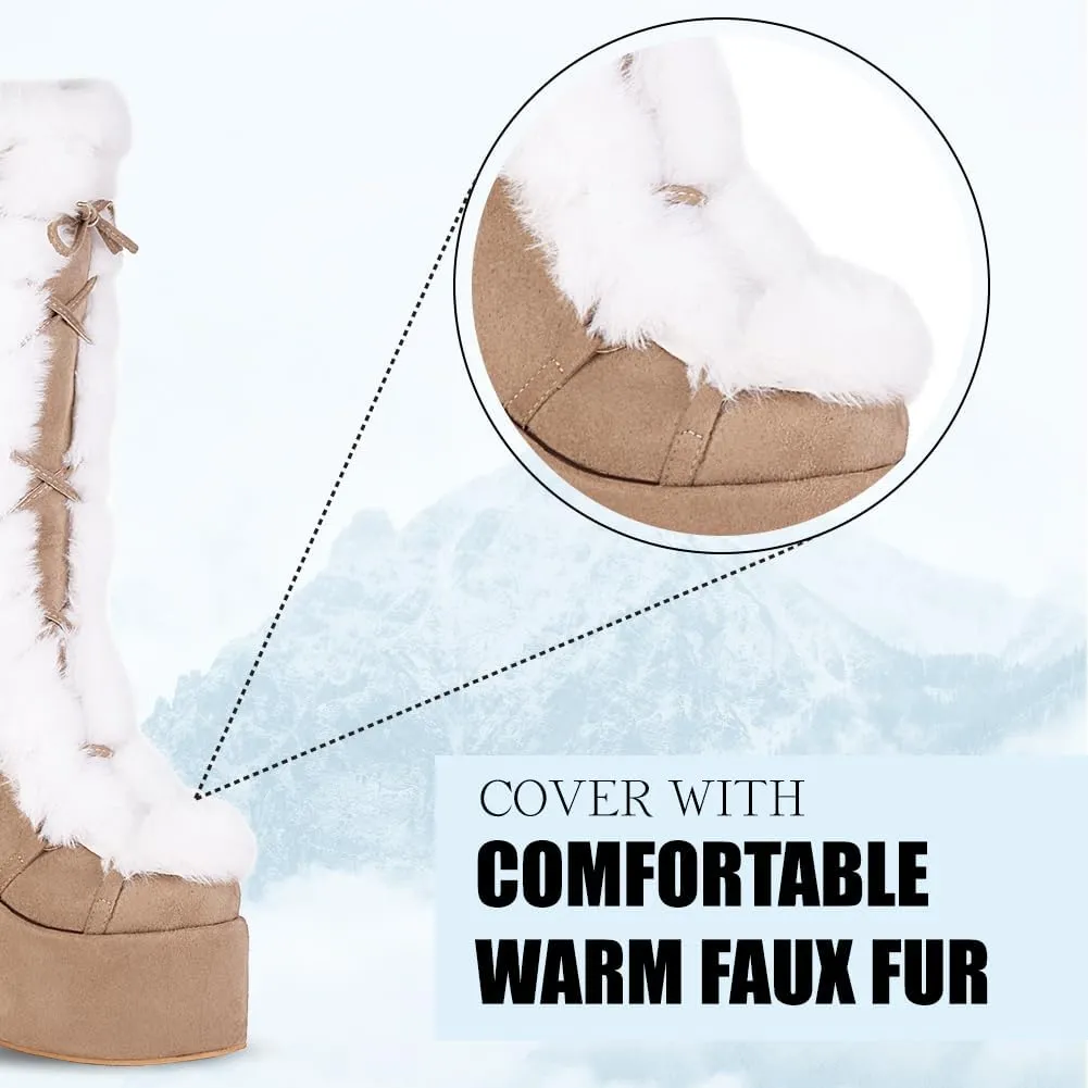 CELNEPHO Knee High Boots For Womens Side Zipper Warm Faux Fur Platform Chunky Heel Punk Goth Walking Winter Snow Boots