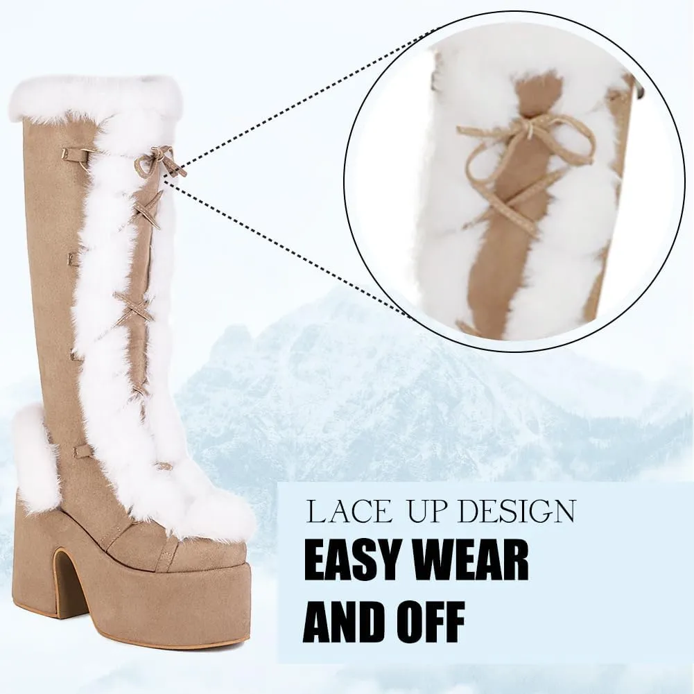 CELNEPHO Knee High Boots For Womens Side Zipper Warm Faux Fur Platform Chunky Heel Punk Goth Walking Winter Snow Boots