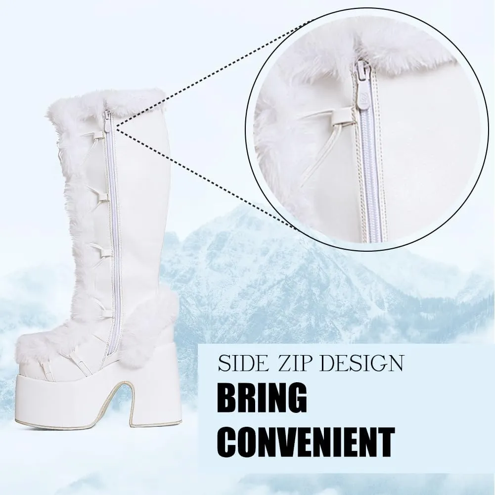 CELNEPHO Knee High Boots For Womens Side Zipper Warm Faux Fur Platform Chunky Heel Punk Goth Walking Winter Snow Boots