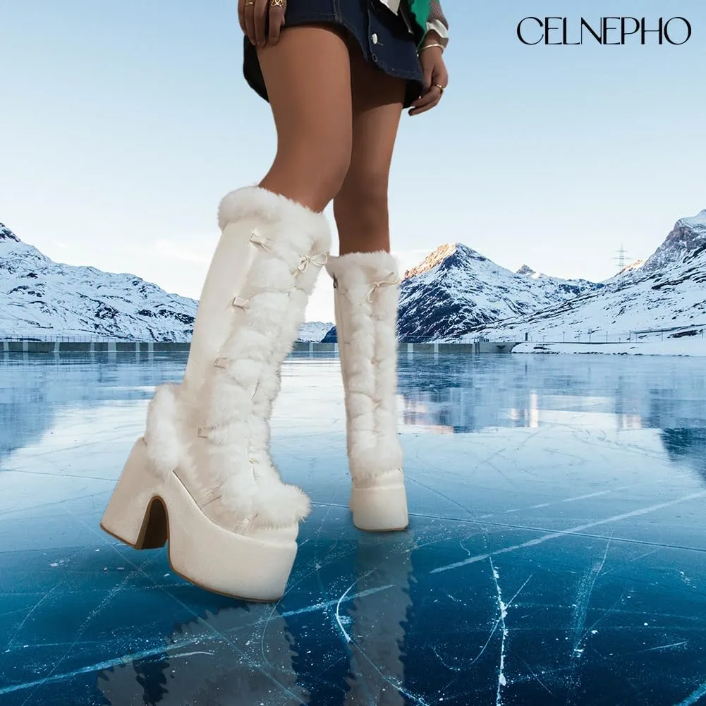 CELNEPHO Knee High Boots For Womens Side Zipper Warm Faux Fur Platform Chunky Heel Punk Goth Walking Winter Snow Boots