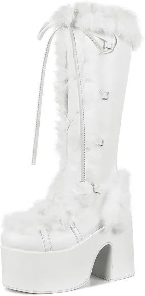 CELNEPHO Knee High Boots For Womens Side Zipper Warm Faux Fur Platform Chunky Heel Punk Goth Walking Winter Snow Boots
