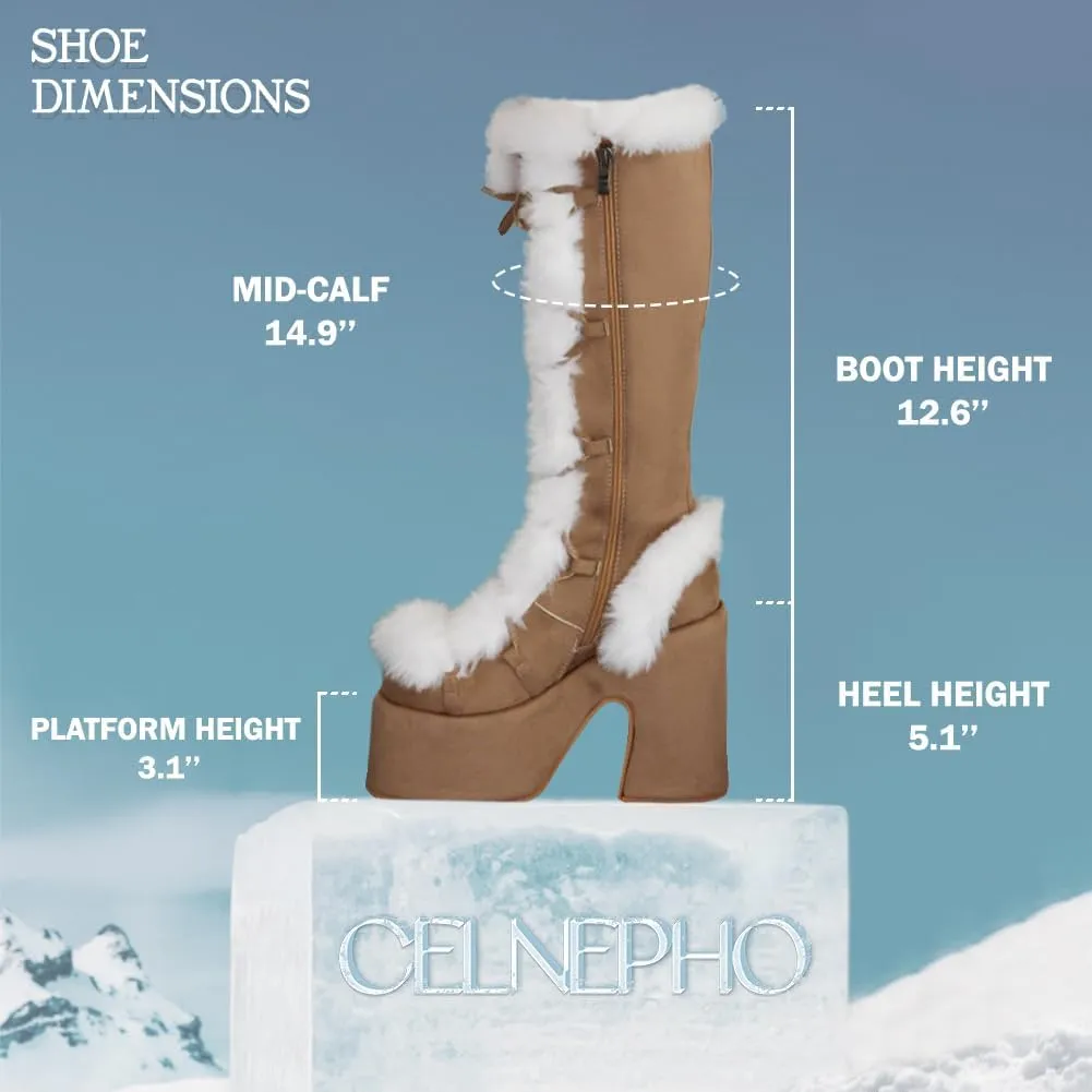 CELNEPHO Knee High Boots For Womens Side Zipper Warm Faux Fur Platform Chunky Heel Punk Goth Walking Winter Snow Boots