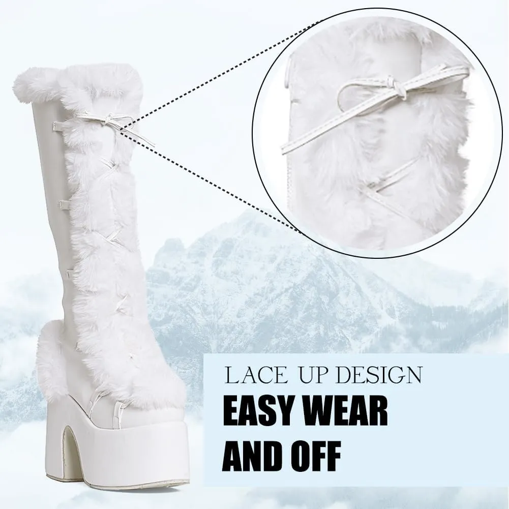 CELNEPHO Knee High Boots For Womens Side Zipper Warm Faux Fur Platform Chunky Heel Punk Goth Walking Winter Snow Boots