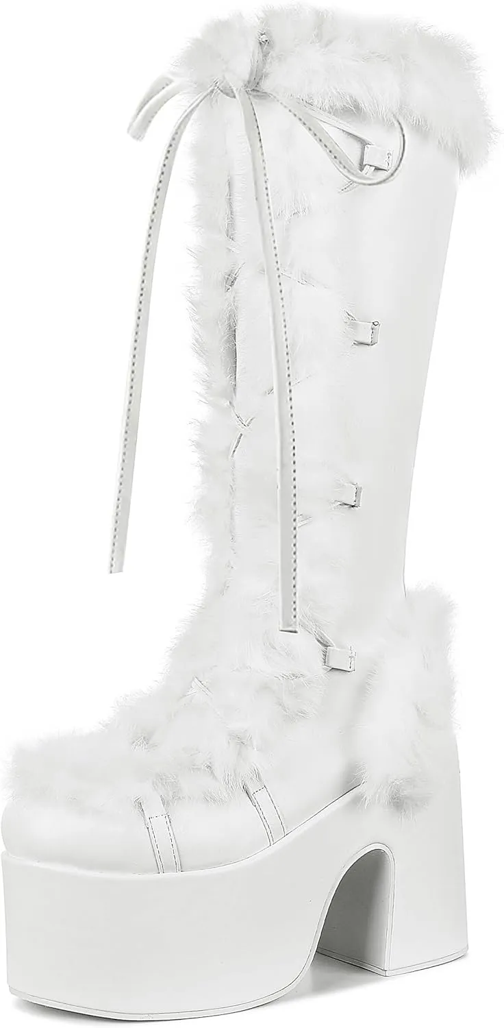 CELNEPHO Knee High Boots For Womens Side Zipper Warm Faux Fur Platform Chunky Heel Punk Goth Walking Winter Snow Boots