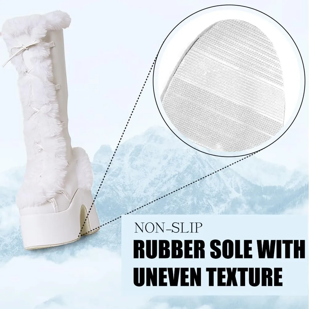 CELNEPHO Knee High Boots For Womens Side Zipper Warm Faux Fur Platform Chunky Heel Punk Goth Walking Winter Snow Boots