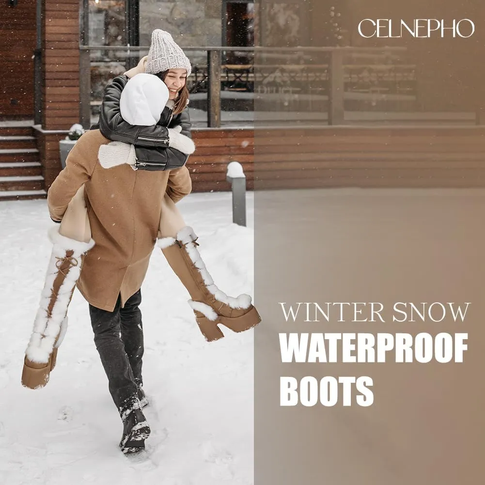 CELNEPHO Knee High Boots For Womens Side Zipper Warm Faux Fur Platform Chunky Heel Punk Goth Walking Winter Snow Boots