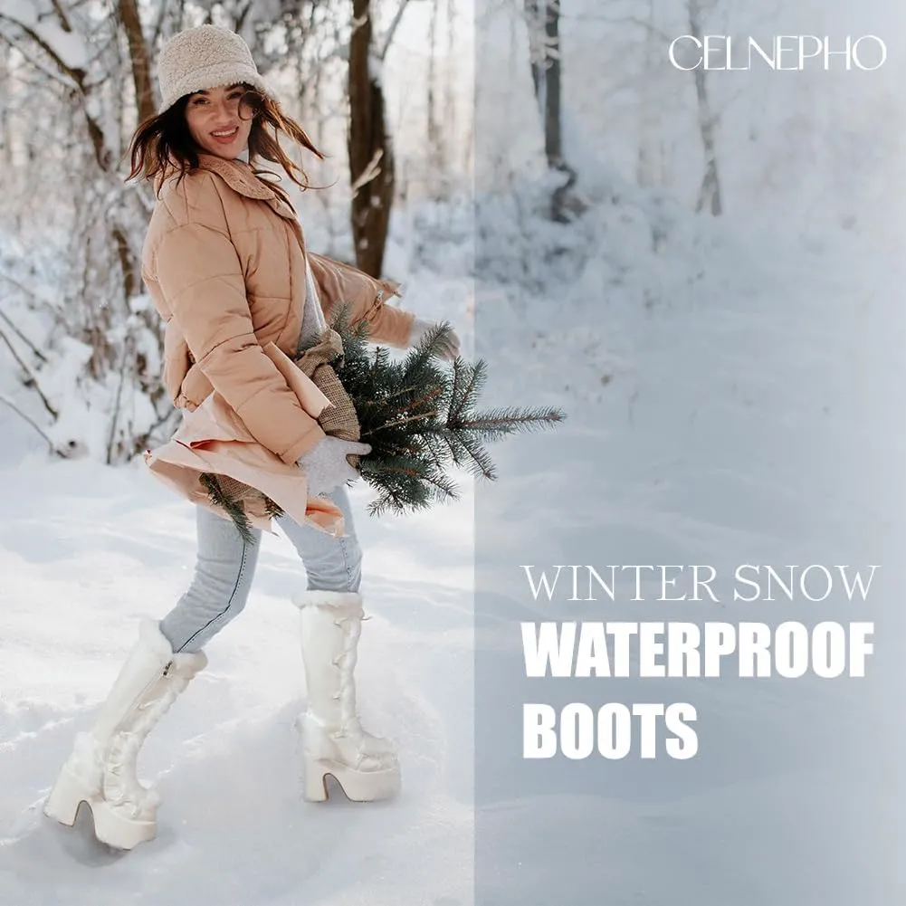 CELNEPHO Knee High Boots For Womens Side Zipper Warm Faux Fur Platform Chunky Heel Punk Goth Walking Winter Snow Boots
