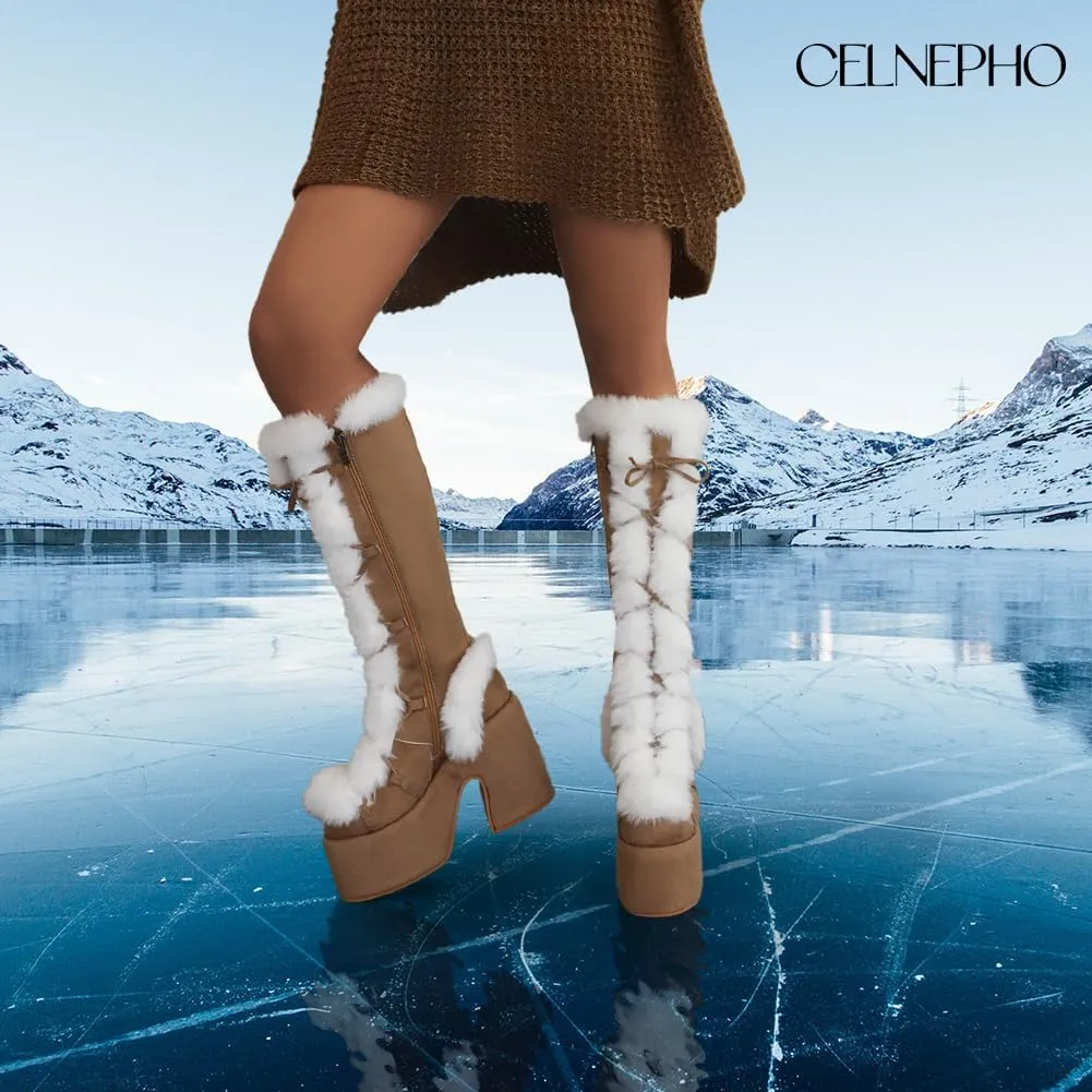 CELNEPHO Knee High Boots For Womens Side Zipper Warm Faux Fur Platform Chunky Heel Punk Goth Walking Winter Snow Boots