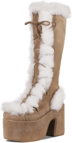 CELNEPHO Knee High Boots For Womens Side Zipper Warm Faux Fur Platform Chunky Heel Punk Goth Walking Winter Snow Boots