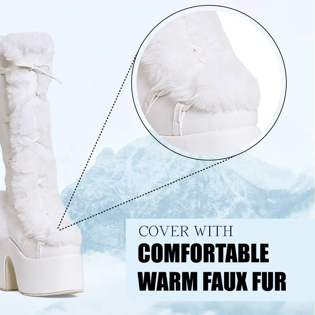CELNEPHO Knee High Boots For Womens Side Zipper Warm Faux Fur Platform Chunky Heel Punk Goth Walking Winter Snow Boots