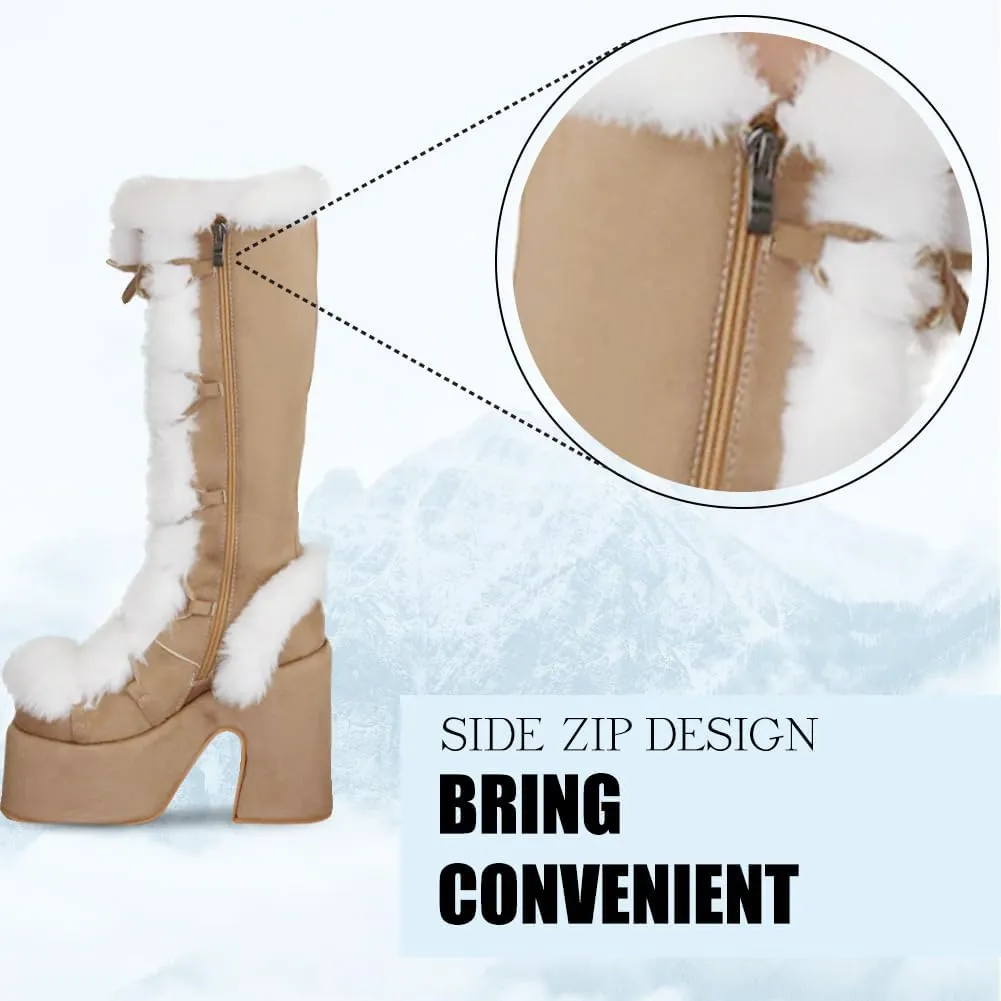 CELNEPHO Knee High Boots For Womens Side Zipper Warm Faux Fur Platform Chunky Heel Punk Goth Walking Winter Snow Boots