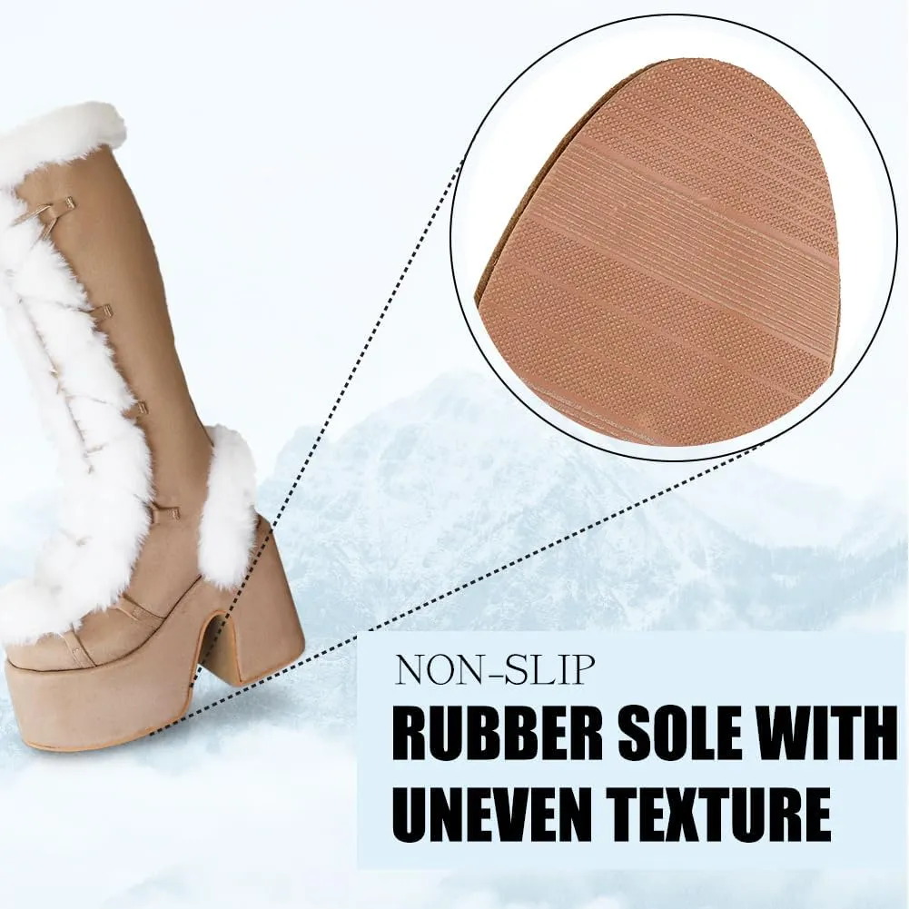 CELNEPHO Knee High Boots For Womens Side Zipper Warm Faux Fur Platform Chunky Heel Punk Goth Walking Winter Snow Boots