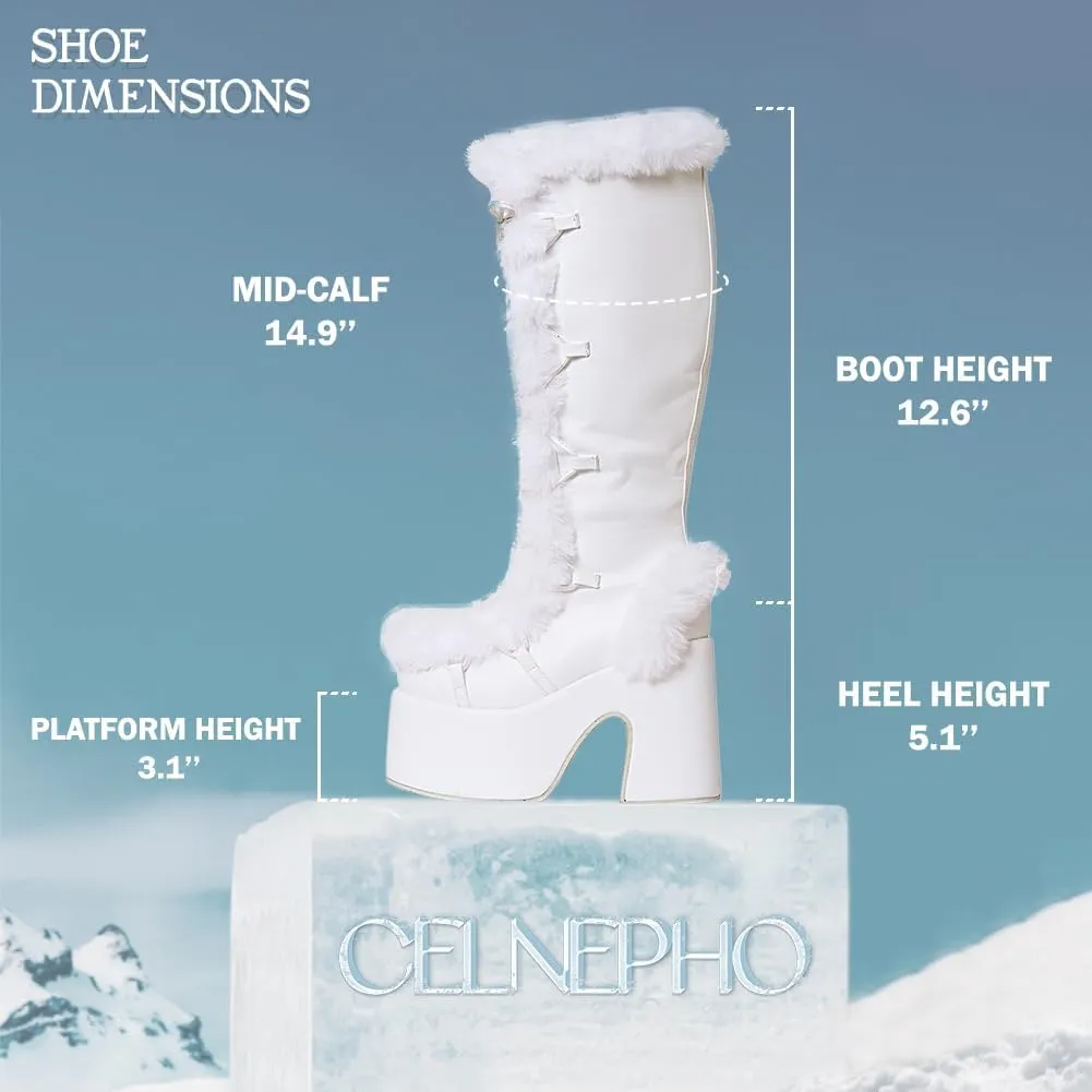 CELNEPHO Knee High Boots For Womens Side Zipper Warm Faux Fur Platform Chunky Heel Punk Goth Walking Winter Snow Boots