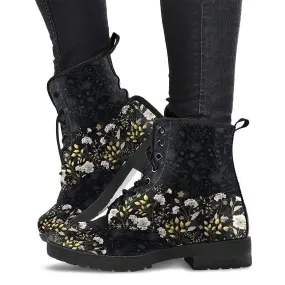 Combat Boots for Women - Floral Pattern 2 Handcrafted Boots (Black) | Unique Custom Faux Leather Shoes, Cruelty-free Vegan Handmade Lace Up