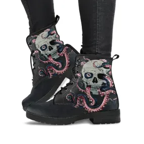 Combat Boots for Women - Skull With Octopus Tentacles Women's Handcrafted Premium Boots