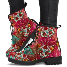 Combat Boots for Women - Sugar Skulls Cat | Unique Custom Faux Leather Shoes, Cruelty-free Vegan Handmade Lace Up