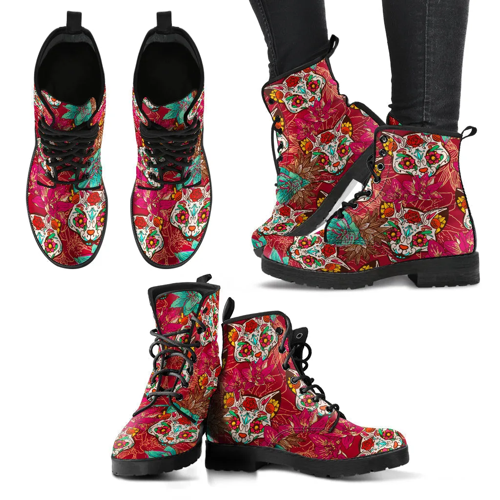 Combat Boots for Women - Sugar Skulls Cat | Unique Custom Faux Leather Shoes, Cruelty-free Vegan Handmade Lace Up
