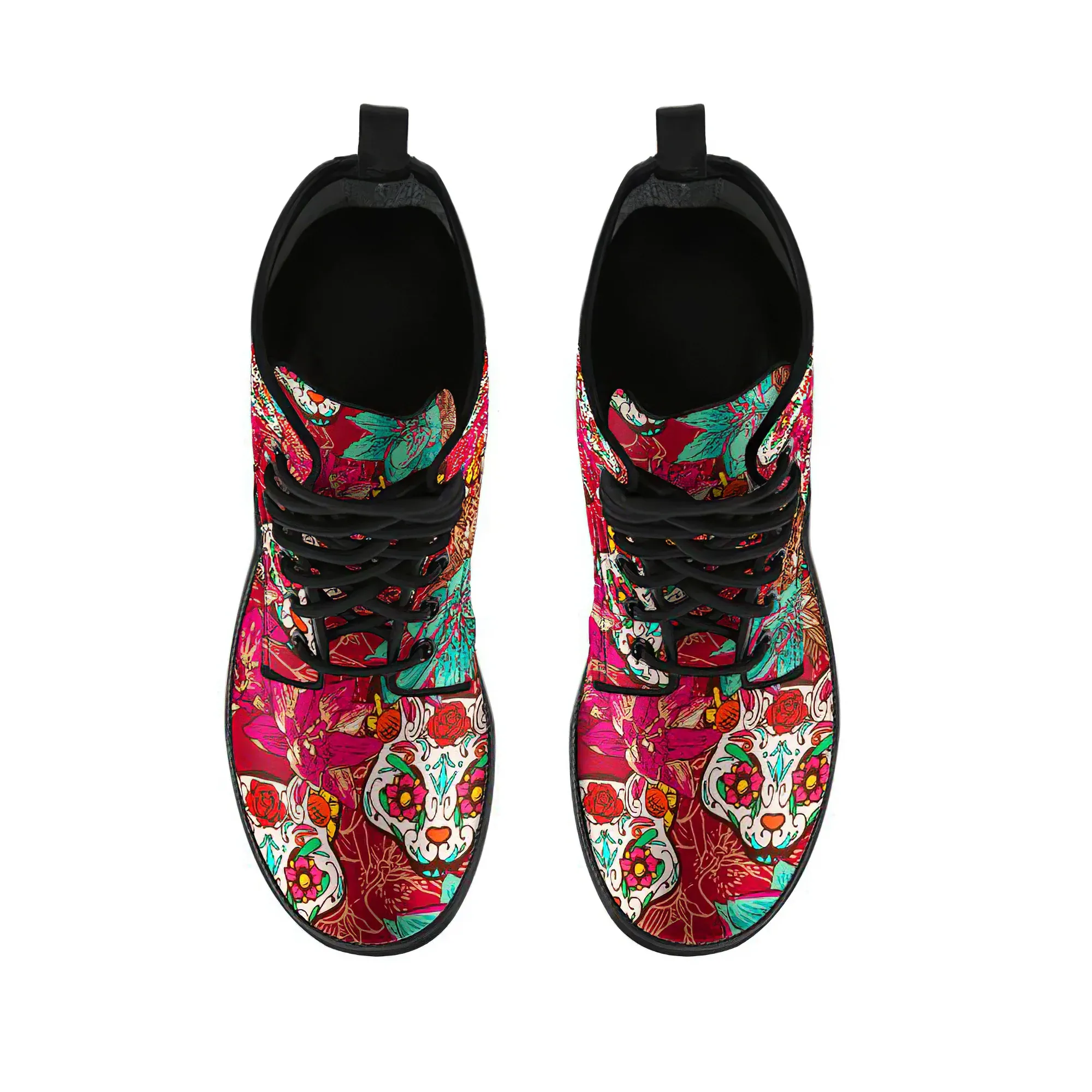 Combat Boots for Women - Sugar Skulls Cat | Unique Custom Faux Leather Shoes, Cruelty-free Vegan Handmade Lace Up