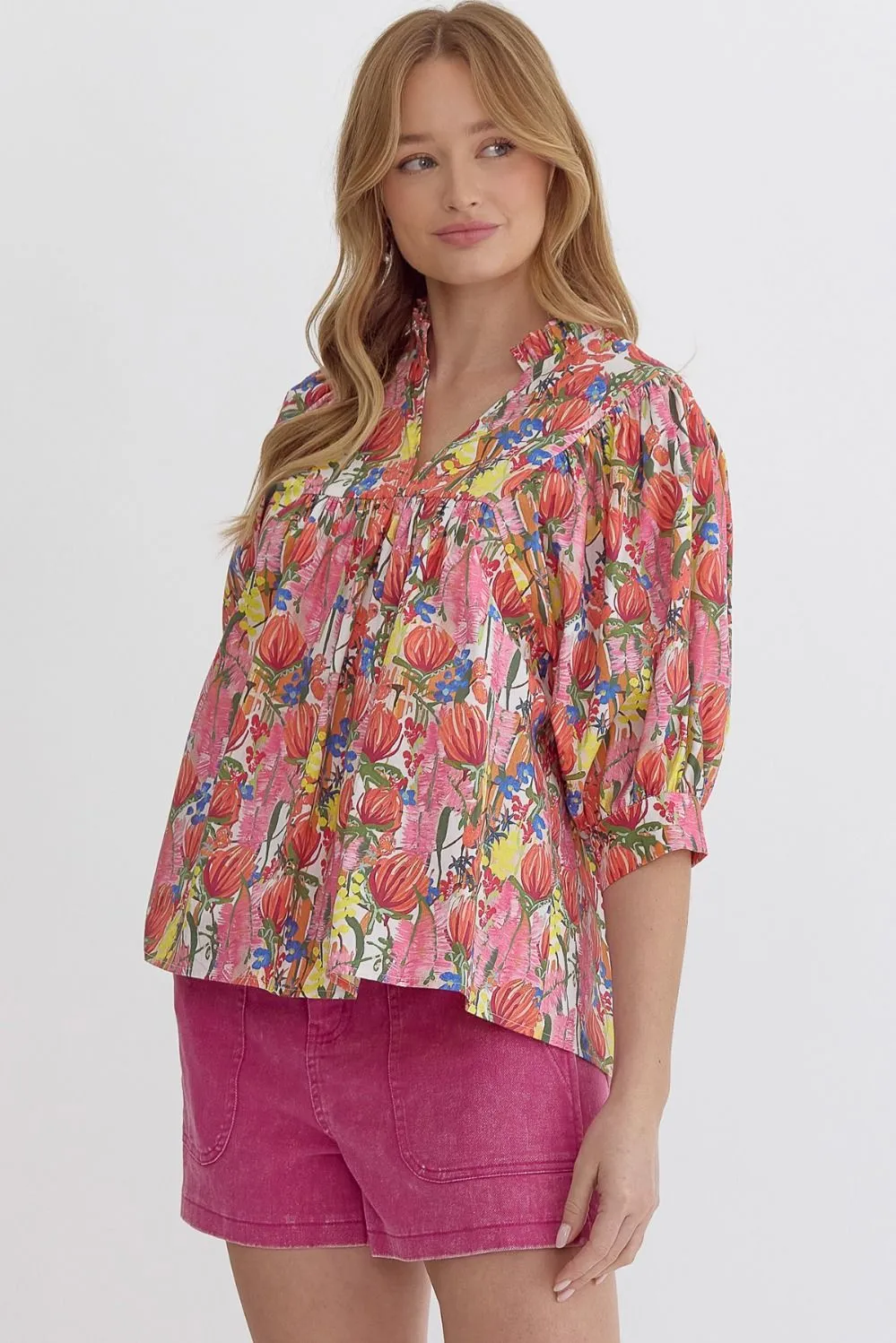Floral Print Puff Sleeve V-Neck Top