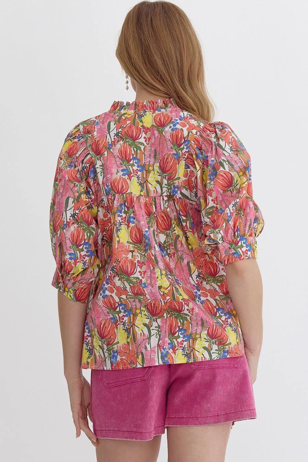 Floral Print Puff Sleeve V-Neck Top