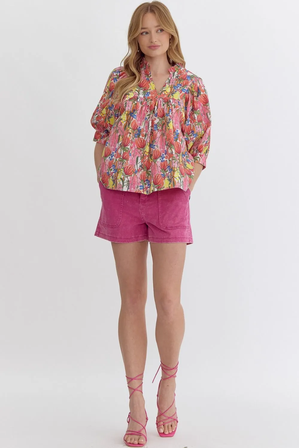 Floral Print Puff Sleeve V-Neck Top