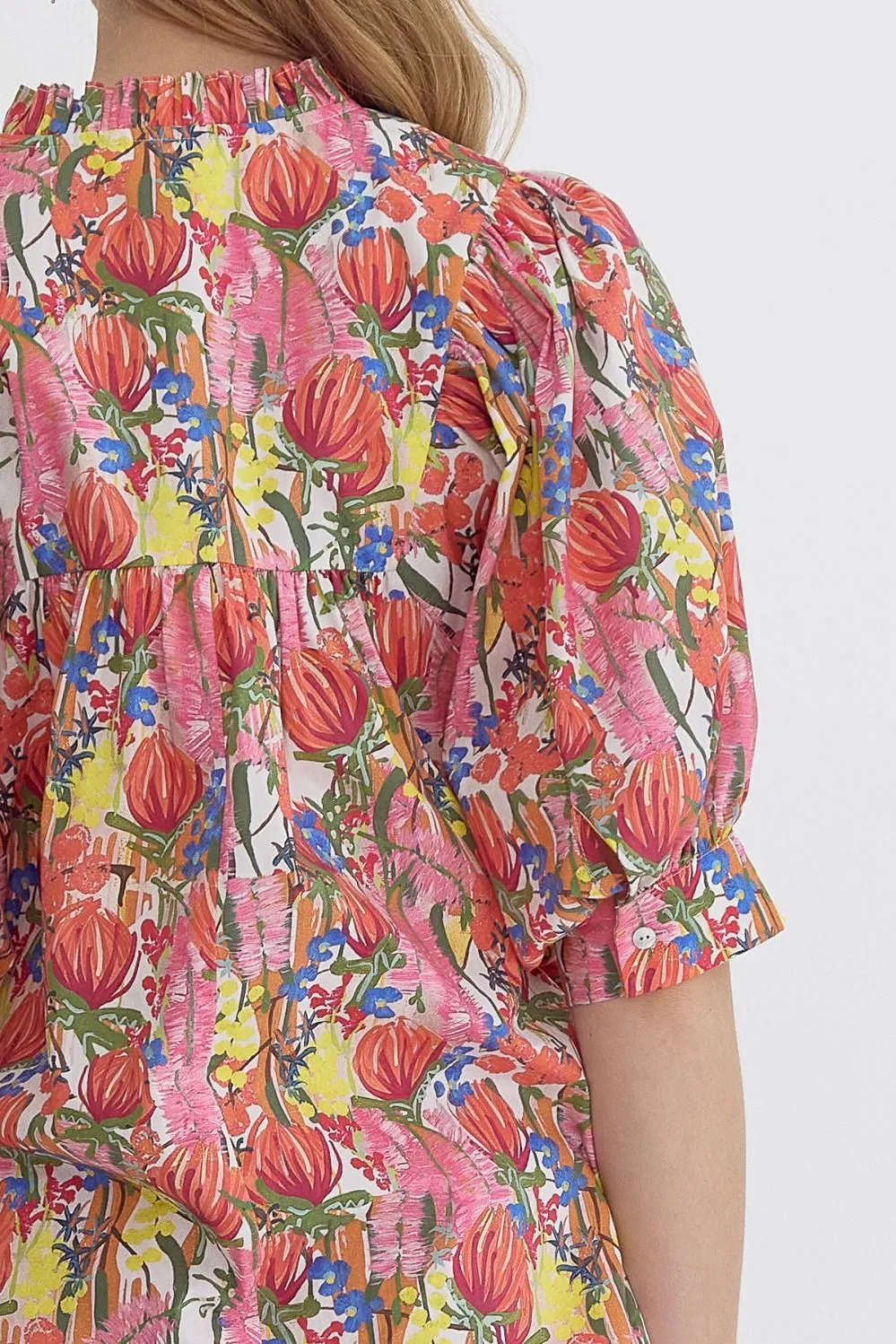 Floral Print Puff Sleeve V-Neck Top