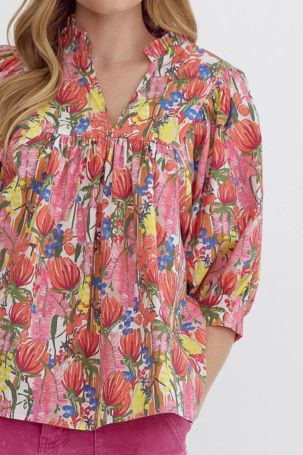 Floral Print Puff Sleeve V-Neck Top