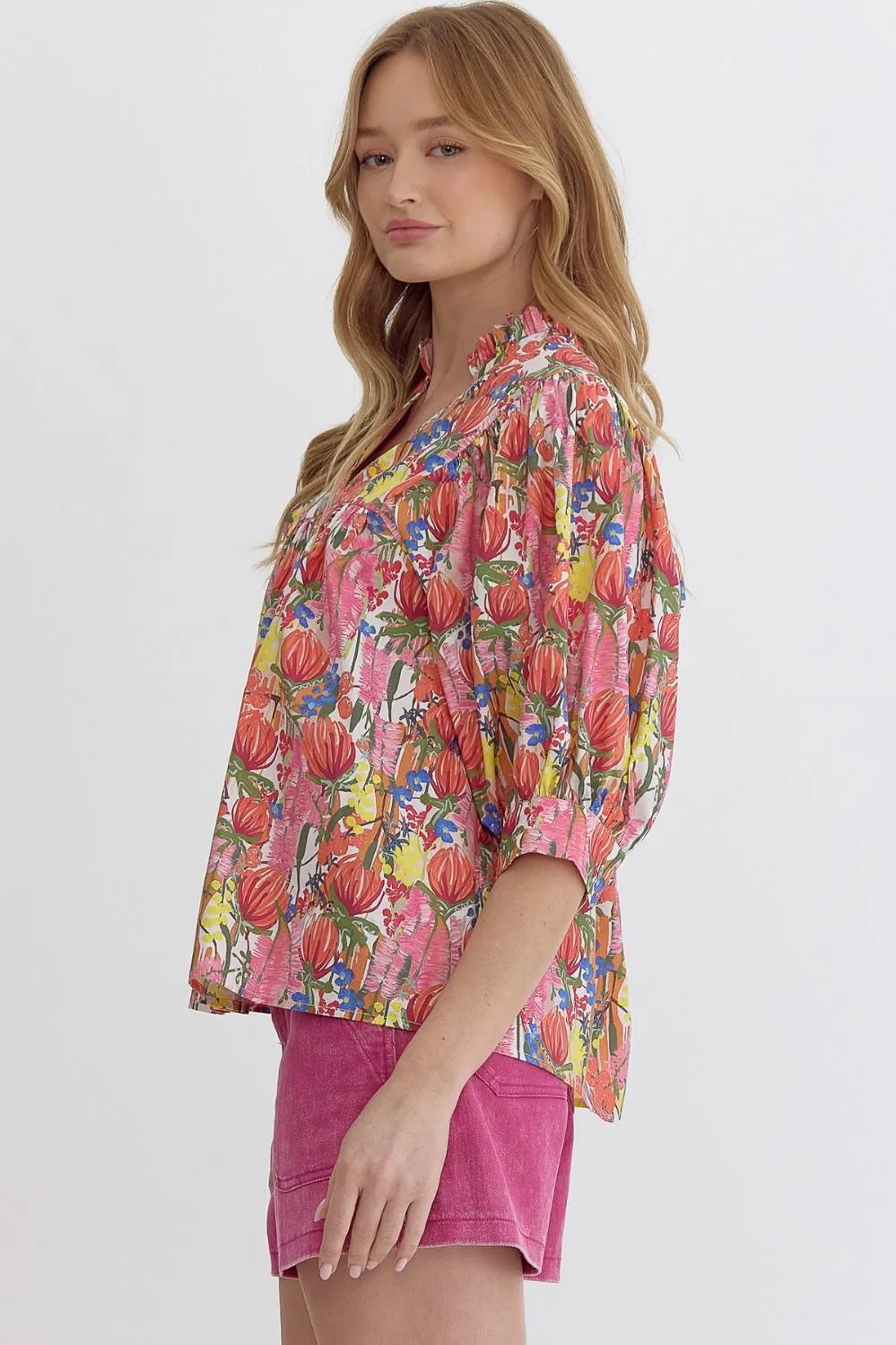 Floral Print Puff Sleeve V-Neck Top