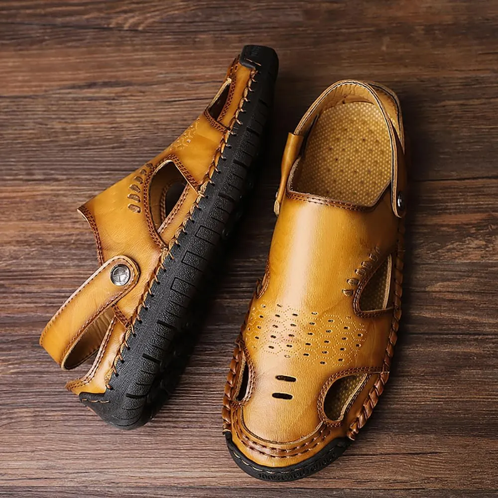 GEXECEUSS Sandals for Men Closed Toe Leather Sport Sandals Fisherman Sandals Outdoor Casual Walking Sandals Summer Water Shoes Beach Wading Shoes