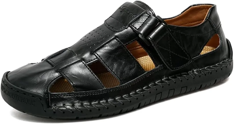 GEXECEUSS Sandals for Men Closed Toe Leather Sport Sandals Fisherman Sandals Outdoor Casual Walking Sandals Summer Water Shoes Beach Wading Shoes
