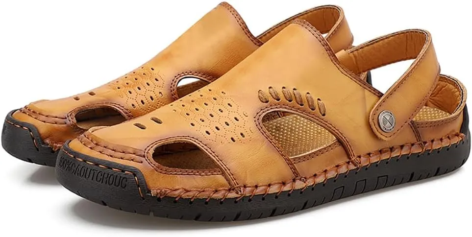 GEXECEUSS Sandals for Men Closed Toe Leather Sport Sandals Fisherman Sandals Outdoor Casual Walking Sandals Summer Water Shoes Beach Wading Shoes