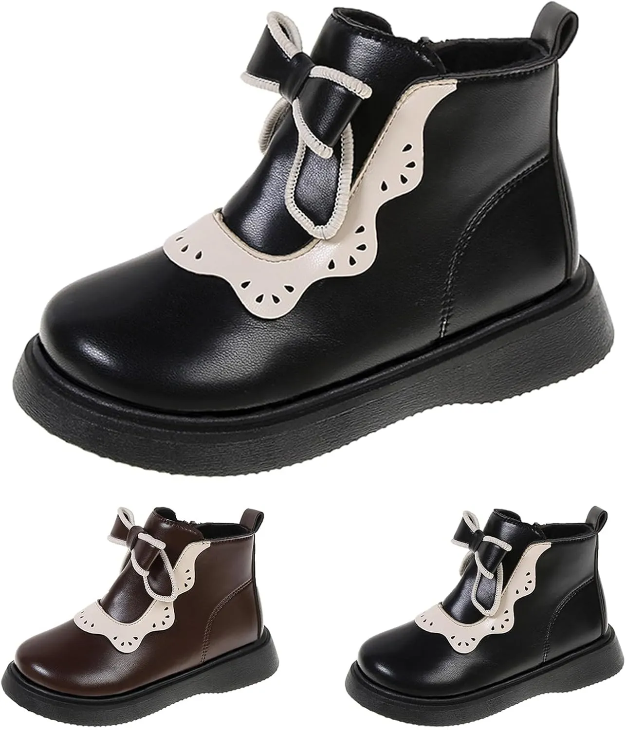 Girls Leather Ankle Boots Warm Snow Shoes Baby Bowknot Non Slip Round Toe Shoes Infant Warm Side Zipper Booties