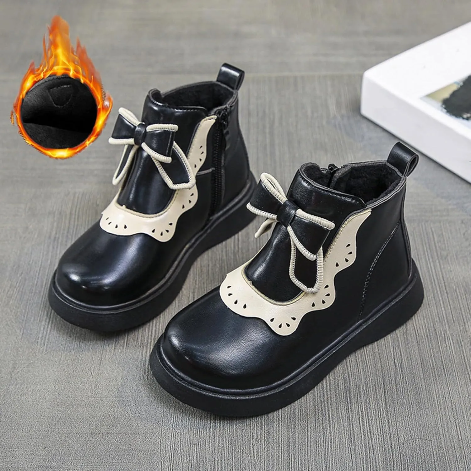 Girls Leather Ankle Boots Warm Snow Shoes Baby Bowknot Non Slip Round Toe Shoes Infant Warm Side Zipper Booties