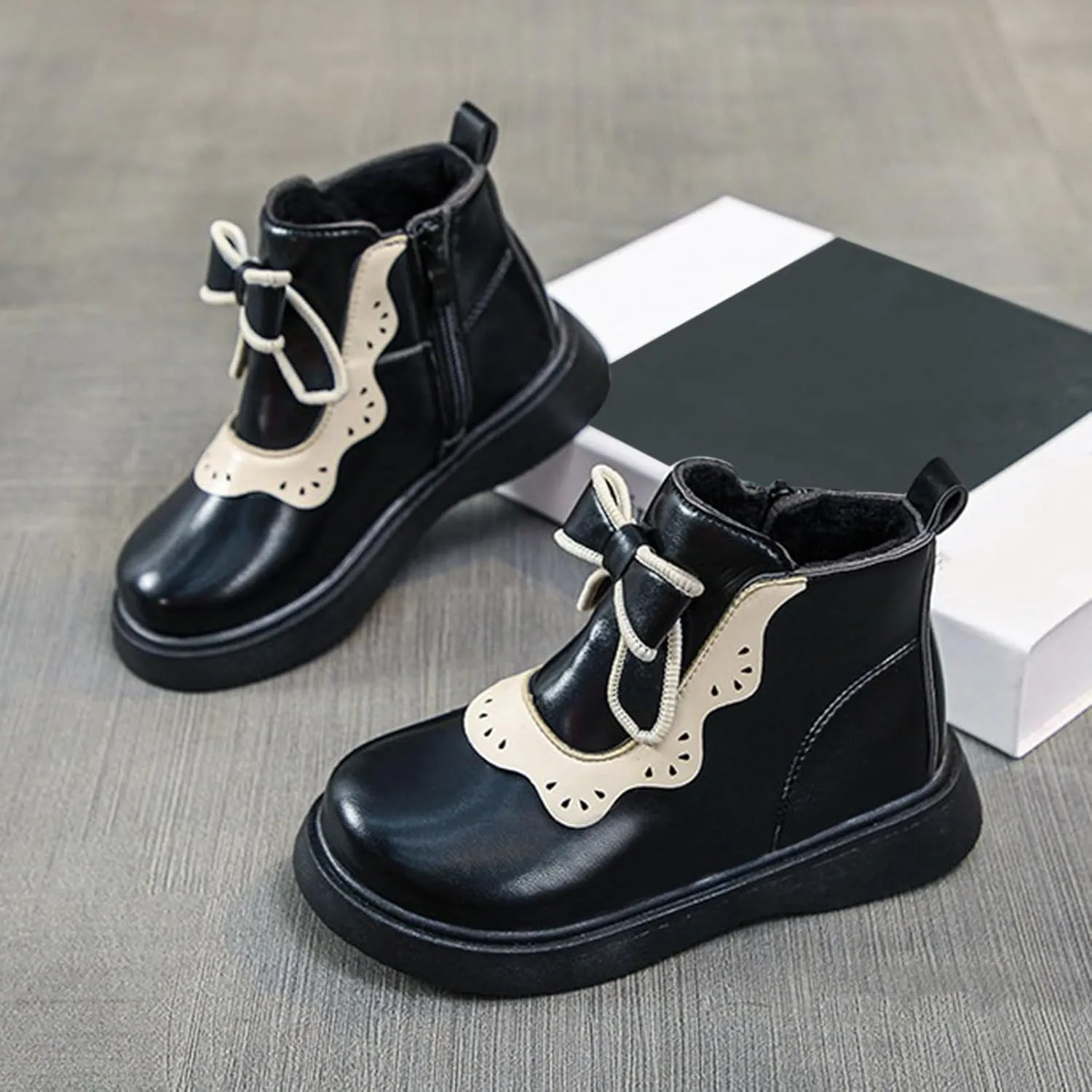 Girls Leather Ankle Boots Warm Snow Shoes Baby Bowknot Non Slip Round Toe Shoes Infant Warm Side Zipper Booties