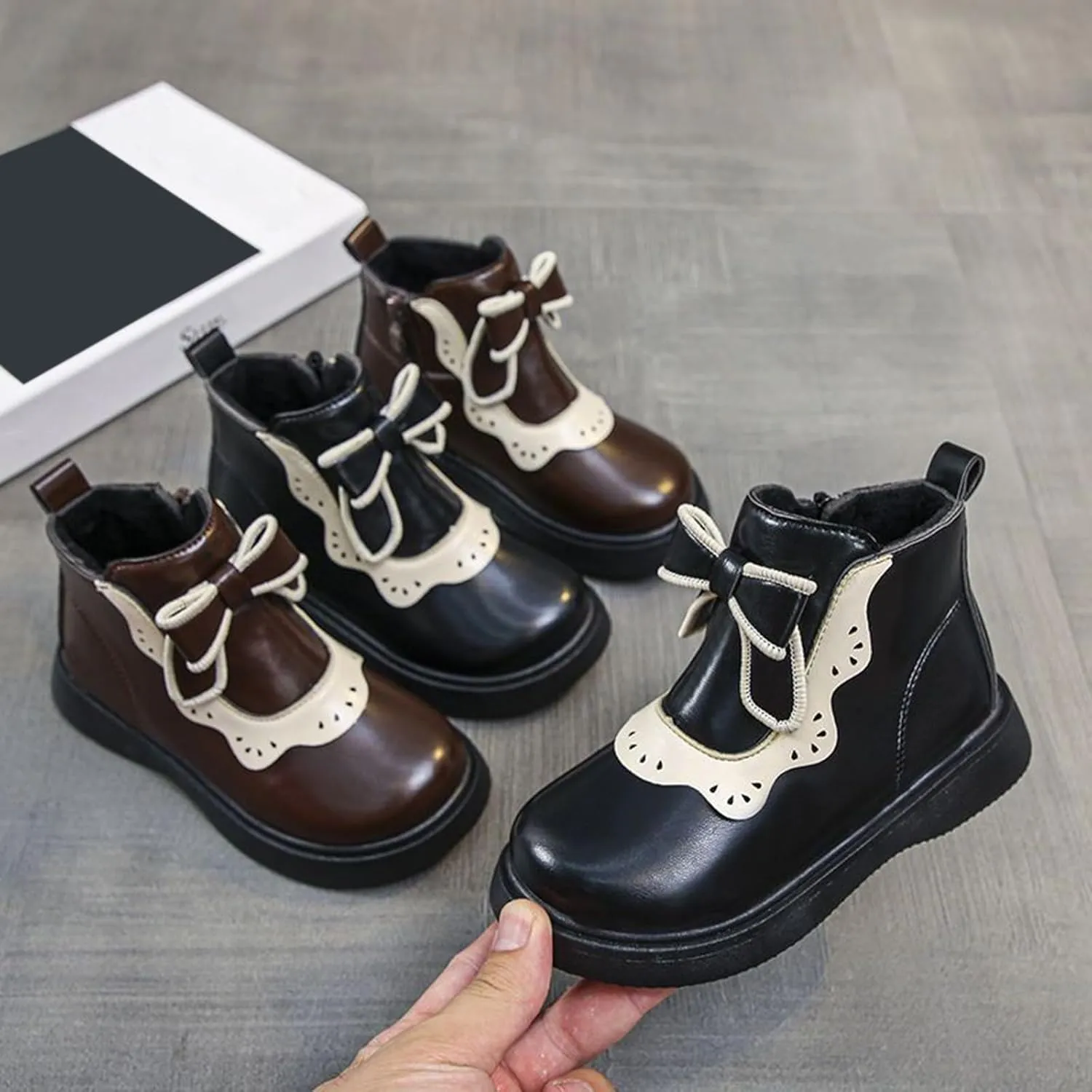Girls Leather Ankle Boots Warm Snow Shoes Baby Bowknot Non Slip Round Toe Shoes Infant Warm Side Zipper Booties