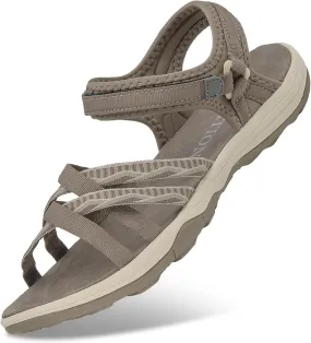 GRITION Women Hiking Sandals Outdoor Girl Sport Summer Flat Beach Water Shoes Open Toe Adjustable Walking Shoes (9 US, Brown)