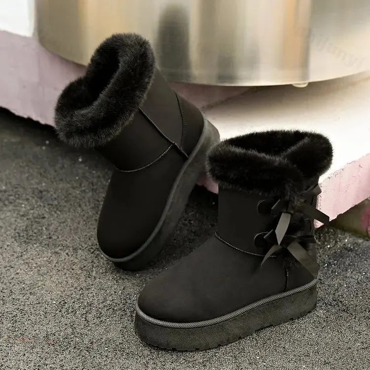 Hnzxzm Women Snow Boots Winter Mid-calf Boots Warm Cotton Shoes Fashion Bowknot Solid Color Ladies Brown Platform Long Boots Plus Size