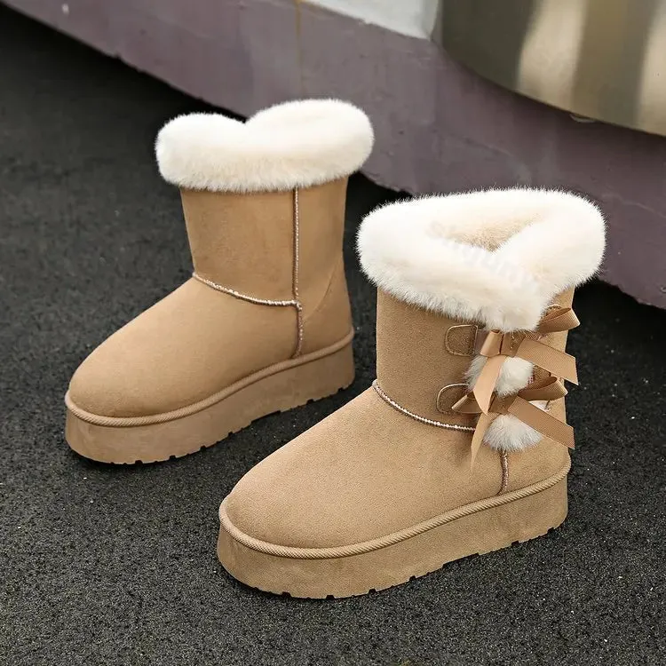 Hnzxzm Women Snow Boots Winter Mid-calf Boots Warm Cotton Shoes Fashion Bowknot Solid Color Ladies Brown Platform Long Boots Plus Size