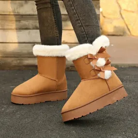 Hnzxzm Women Snow Boots Winter Mid-calf Boots Warm Cotton Shoes Fashion Bowknot Solid Color Ladies Brown Platform Long Boots Plus Size