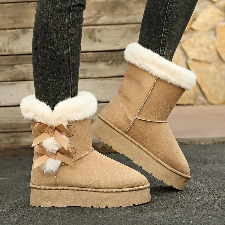 Hnzxzm Women Snow Boots Winter Mid-calf Boots Warm Cotton Shoes Fashion Bowknot Solid Color Ladies Brown Platform Long Boots Plus Size