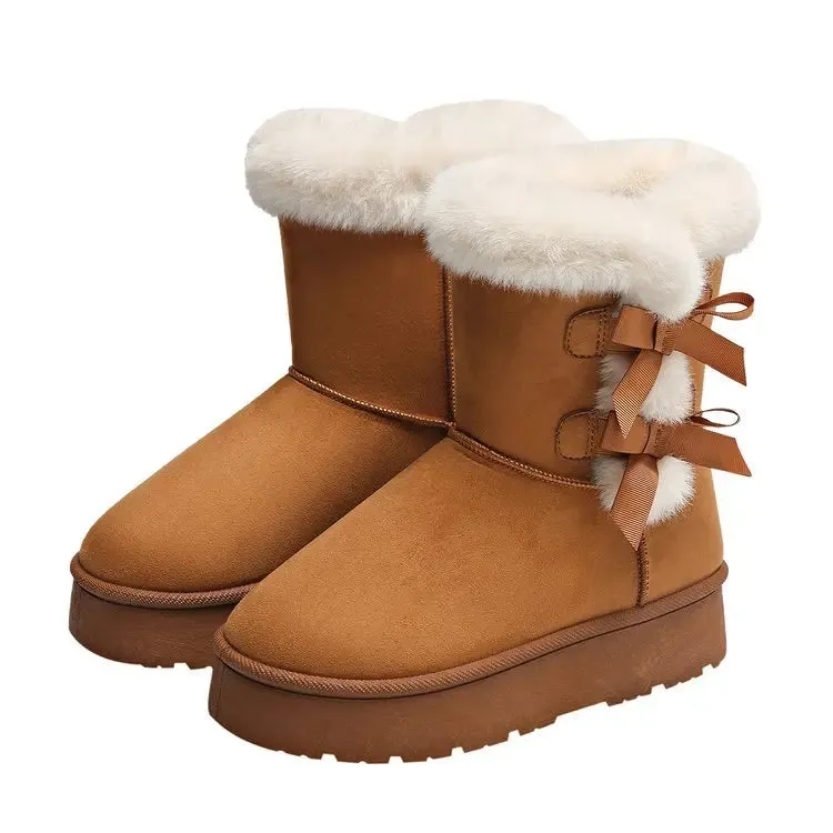 Hnzxzm Women Snow Boots Winter Mid-calf Boots Warm Cotton Shoes Fashion Bowknot Solid Color Ladies Brown Platform Long Boots Plus Size