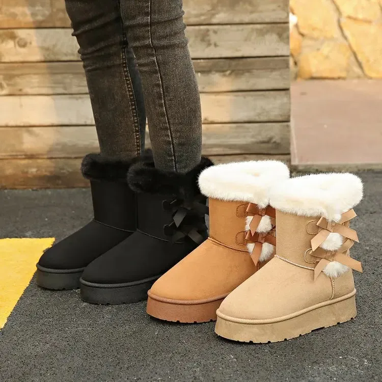 Hnzxzm Women Snow Boots Winter Mid-calf Boots Warm Cotton Shoes Fashion Bowknot Solid Color Ladies Brown Platform Long Boots Plus Size