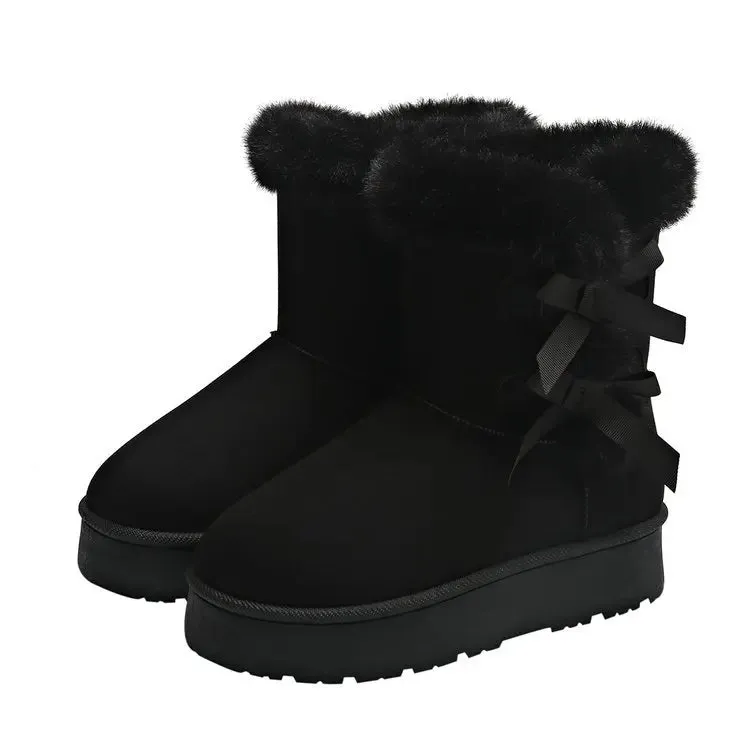 Hnzxzm Women Snow Boots Winter Mid-calf Boots Warm Cotton Shoes Fashion Bowknot Solid Color Ladies Brown Platform Long Boots Plus Size