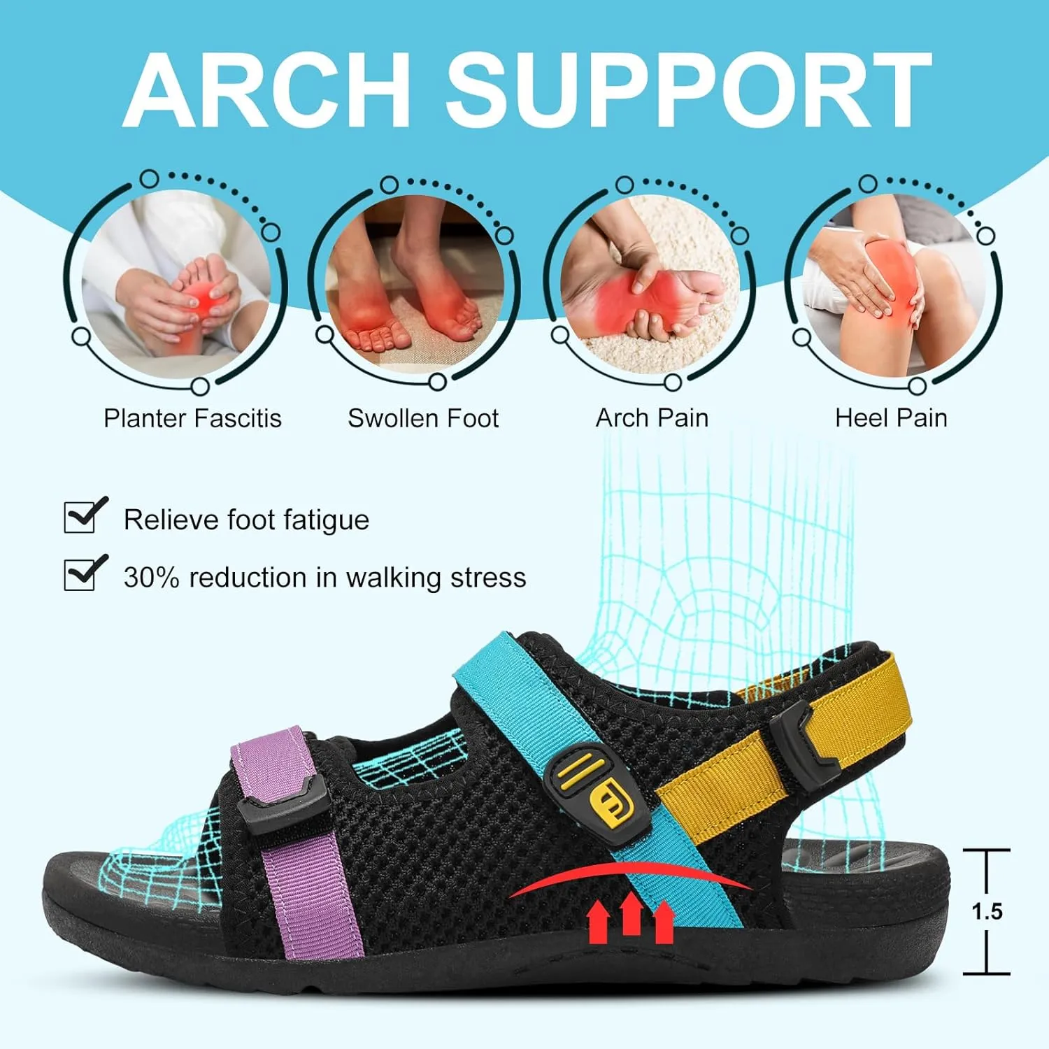 JOINFREE Womens Orthopedic Walking Hiking Sandals Adjustable Open Toe Sports Water Sandals with Plantar Fasciitis Arch Support Thick Athletic Cushion Outdoor Beach Sandals