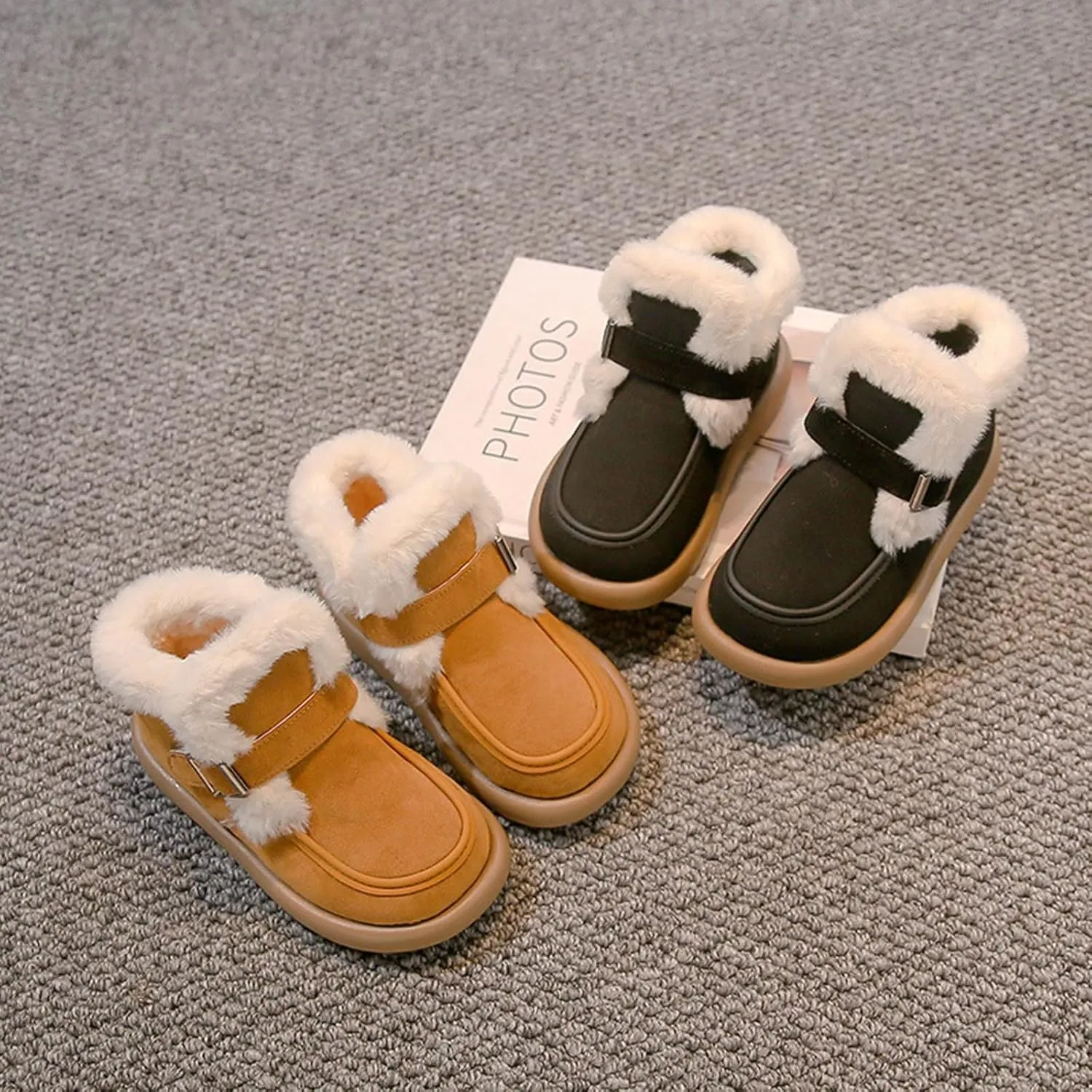 Kids Furry Warm Winter Ankle Boots Boys Girls Cozy Fleece Plush Soft Fuzzy Fr Collar Snow-Proof Platform Shoes
