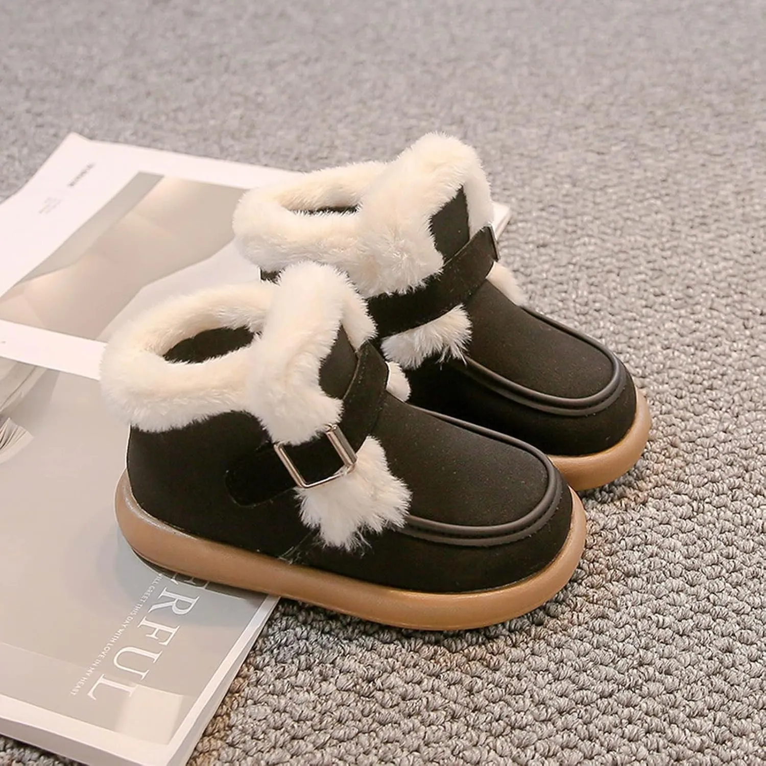 Kids Furry Warm Winter Ankle Boots Boys Girls Cozy Fleece Plush Soft Fuzzy Fr Collar Snow-Proof Platform Shoes