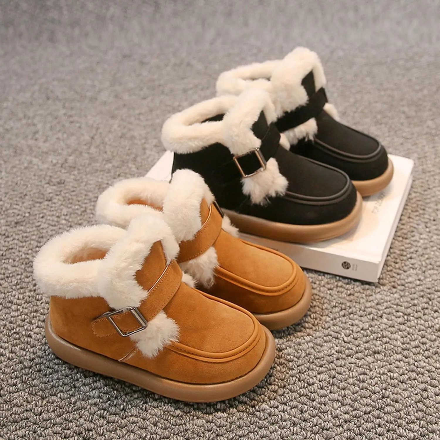 Kids Furry Warm Winter Ankle Boots Boys Girls Cozy Fleece Plush Soft Fuzzy Fr Collar Snow-Proof Platform Shoes